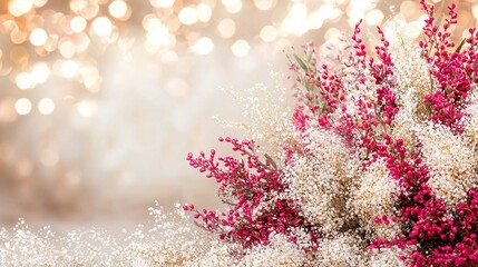   Pink and white flowers adorn a white and pink tablecloth, surrounded by a vase brimming with the same hues