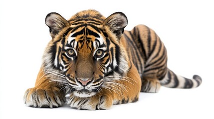 Obraz premium A stealthy tiger crouching as if ready to pounce, its eyes sharp, isolated on white,