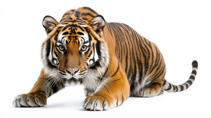 Obraz premium A stealthy tiger crouching as if ready to pounce, its eyes sharp, isolated on white,