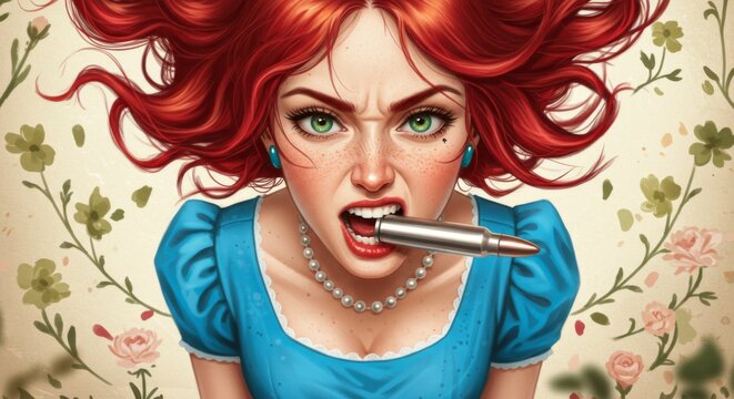 Woman biting the bullet, bullet ammo in mouth & teeth, common phrase