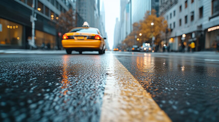 Yellow taxi cab driving away on a wet street in Manhattan, New York City, after the rain with reflections and lights