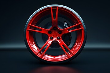 Obraz premium glossy red wheel sports car rim with luxury alloy wheel and modern car design featuring high-performance tire and automotive photography