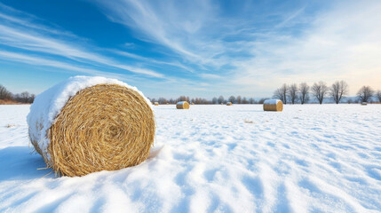 Round hay bales covered in snow resting on a vast agricultural field in winter, creating a peaceful and minimalist winter landscape