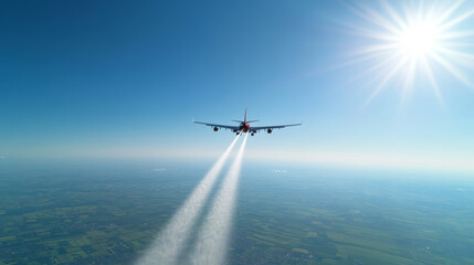 Naklejka premium Agricultural airplane spraying pesticides over vibrant crops, creating misty trails against a bright blue sky and shining sun
