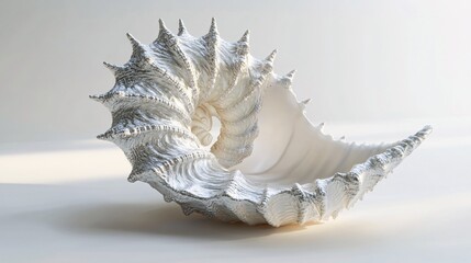 Obraz premium A beautifully detailed white seashell with intricate textures and natural spirals, set against a soft, light background.