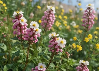 Fototapeta premium White burnet bush with bright yellow and pink flowers macro view, blooming flora, botanical detail, natural setting