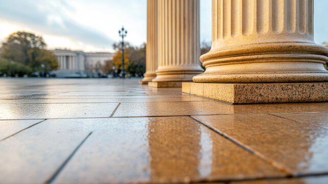 Wide-angle minimalist photo of the base of large fluted columns, crisp details in the stone with soft directional lighting, empty plaza