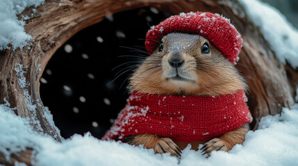 Groundhog wearing a red hat and scarf emerges from its hole on a cloudy day on February 2