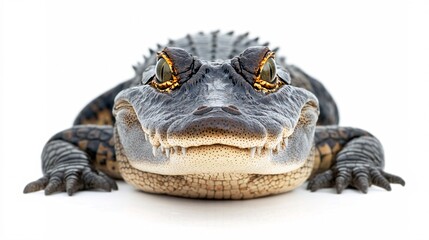 Fototapeta premium A close-up of an alligator with striking golden eyes and a menacing grin, showcasing fine skin details against a white background.