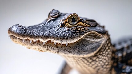 Fototapeta premium Close-up of a young, intricately patterned alligator showcasing its sharp teeth and vibrant eyes.