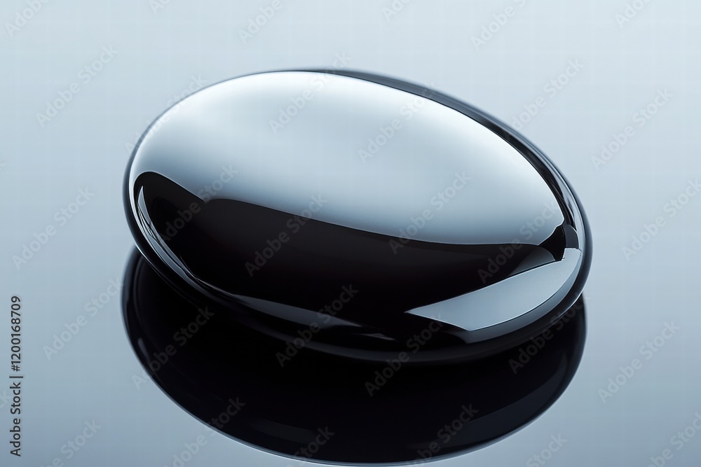 Leinwandbilder Close up view of a shiny black oil drop resting on a reflective surface in soft light. Generative AI