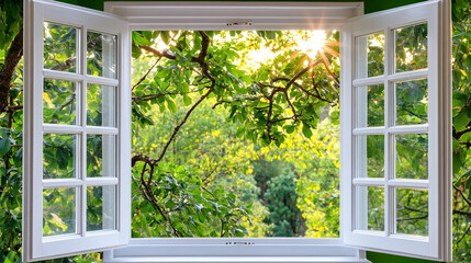 Fototapeta premium An open window with a gentle breeze flowing through, representing freedom and possibility, with a modern blurred background and space for captions, evoking a sense of peace and clarity. 