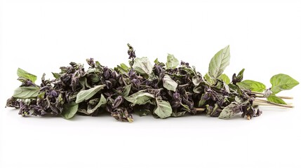 Vibrant green and purple dried basil herbs arranged elegantly on a white background.