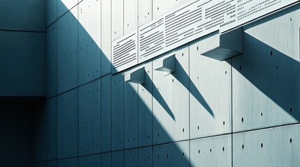 Modern concrete wall with shadows and informational panels, showcasing minimalist architecture