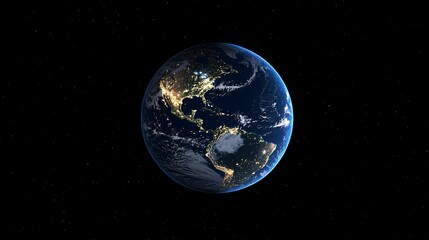 Fototapeta premium A stunning view of Earth from space, showcasing the Americas illuminated by city lights against a dark background.