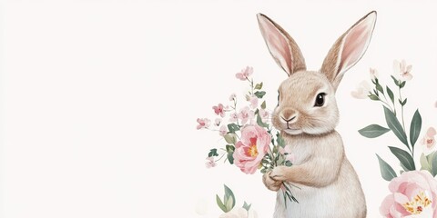 Cute bunny holds a bouquet of flowers in vintage watercolor style with a light background