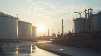 Obraz premium Large industrial oil storage tanks under a glowing sunset in an expansive facility. Generative AI