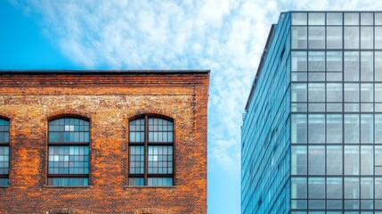 Fototapeta premium An old brick factory building standing next to a cutting-edge steel and glass skyscraper, showcasing the striking contrast between industrial age and modern architectural styles.
