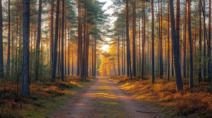 Obraz premium A quiet forest path with sunlight filtering through tall trees, creating a serene and peaceful environment for relaxation and mindfulness practice.