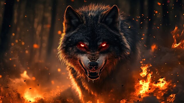 A majestic wolf with piercing red eyes stands in the dark forest, its fur shimmering under the glow of orange and blue flames.