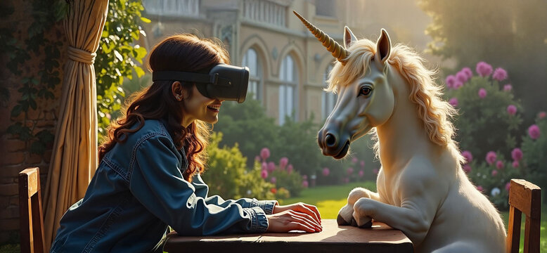 Generated image. First date. The girl and the unicorn. Dream and reality