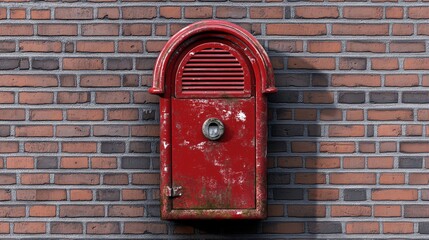 Vintage red mailbox on a textured brick wall, showcasing a rustic charm and vibrant color contrast.