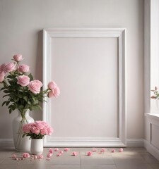 Fototapeta premium White frame leaning against wall near vase of pink roses, pink roses, picture frame, decorative