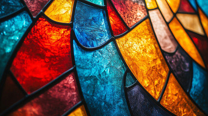 Fototapeta premium Stained glass art window with vibrant geometric patterns glittering particles crystal scripture modern blurred background empty caption space symbolic of spiritual beauty and creativity