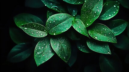 Obraz premium Close-up of green leaves with water droplets, symbolizing nature's beauty and tranquility.