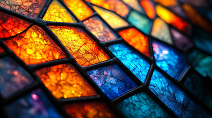 Stained glass art window with vibrant geometric patterns glittering particles crystal scripture modern blurred background empty caption space symbolic of spiritual beauty and creativity

