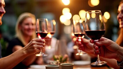 Friends raise a toast with red wine during a cheerful outdoor dinner party