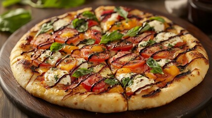 A gourmet pizza topped with burrata, heirloom tomatoes, fresh basil, and balsamic glaze, showcasing a fresh, flavorful, and elegant dish.