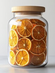 Dried orange slices in a glass jar with a wooden lid displayed on a light background
