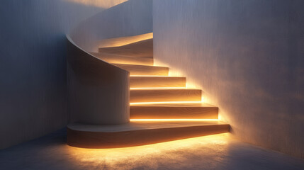 Naklejka premium Elegant Ascent: Light Wood Spiral Staircase with Subtle Illumination