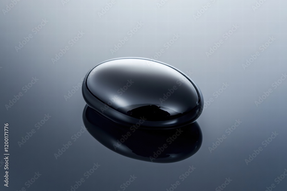 Leinwandbilder close up view of a single black oil drop reflecting light on a smooth surface. generative ai