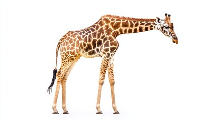 Obraz premium A tall giraffe with intricate patterns on its body, gazing down, isolated on a bright white background,