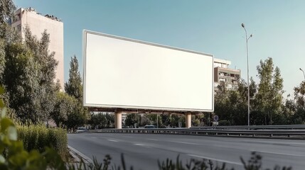 Blank White Highway Billboard, Advertising Mockup With Urban Landscape Background For Your Design