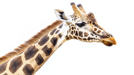 Fototapeta premium A tall giraffe with intricate patterns on its body, gazing down, isolated on a bright white background,