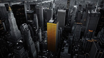 Obraz premium A black-and-white photograph of the cityscape of New York, with skyscrapers illuminated by yellow lights in some places.