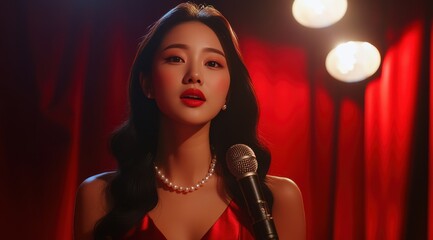 Beautiful woman with long hair, wearing red and pearl necklaces, singing on the stage of an indoor music club