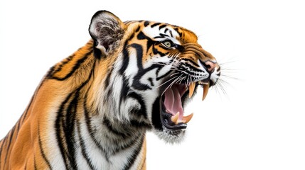 Obraz premium A tiger roaring in the jungle, isolated on white,