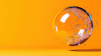   A yellow table holds a glass bowl filled with water and a bottle of water