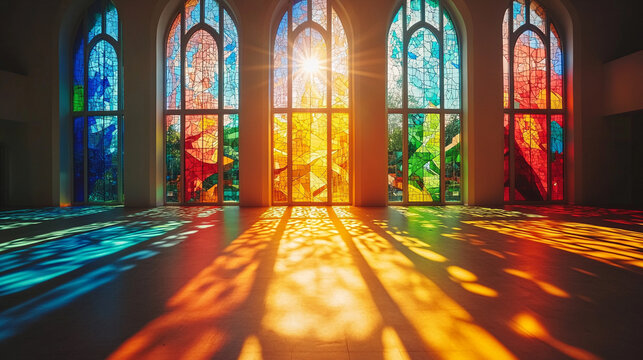 Stained glass art window with vibrant geometric patterns glittering particles crystal scripture modern blurred background empty caption space symbolic of spiritual beauty and creativity

