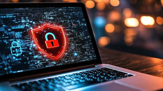 An open laptop on a sleek wooden desk displaying a vibrant red shield with a glowing padlock in the center, symbolizing strong online security, with a dark background illuminated b