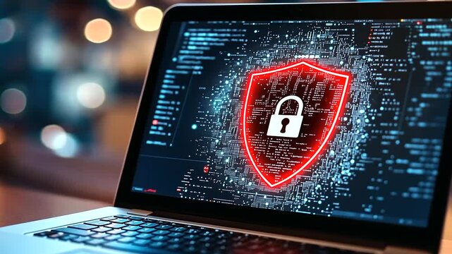 An open laptop on a sleek wooden desk displaying a vibrant red shield with a glowing padlock in the center, symbolizing strong online security, with a dark background illuminated b