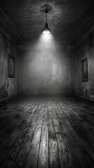   A monochrome image depicts a dimly lit room, featuring a luminous ceiling lamp and an ornate picture frame dangling above it