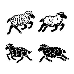 Running Sheep Silhouette Vector Set - Black and White Farm Animal Illustrations