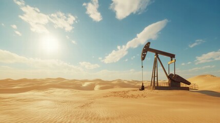 Naklejka premium Oil well operating in a vast desert landscape under a bright blue sky and warm sunlight. Generative AI