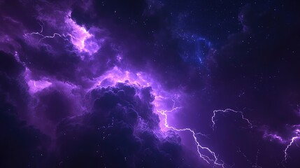 Fototapeta premium Flashes of lightning and rumbles of thunder in the night sky, with purple clouds as the backdrop.
