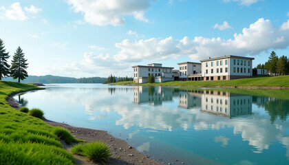 Obraz premium Modern water treatment plant by serene riverbank, eco-friendly architecture